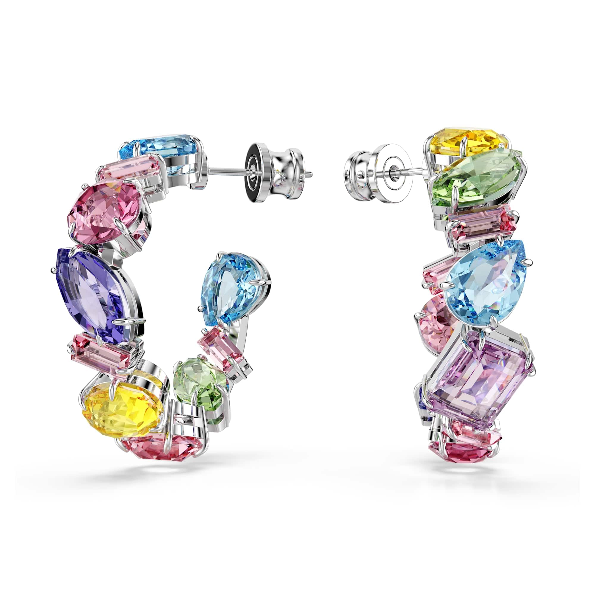 スワロフスキー SWAROVSKI GEMA フープピアス　ジェマ　カラフル Swarovski Gema Hoop Earrings, Asymmetrical Design, Mixed Cuts