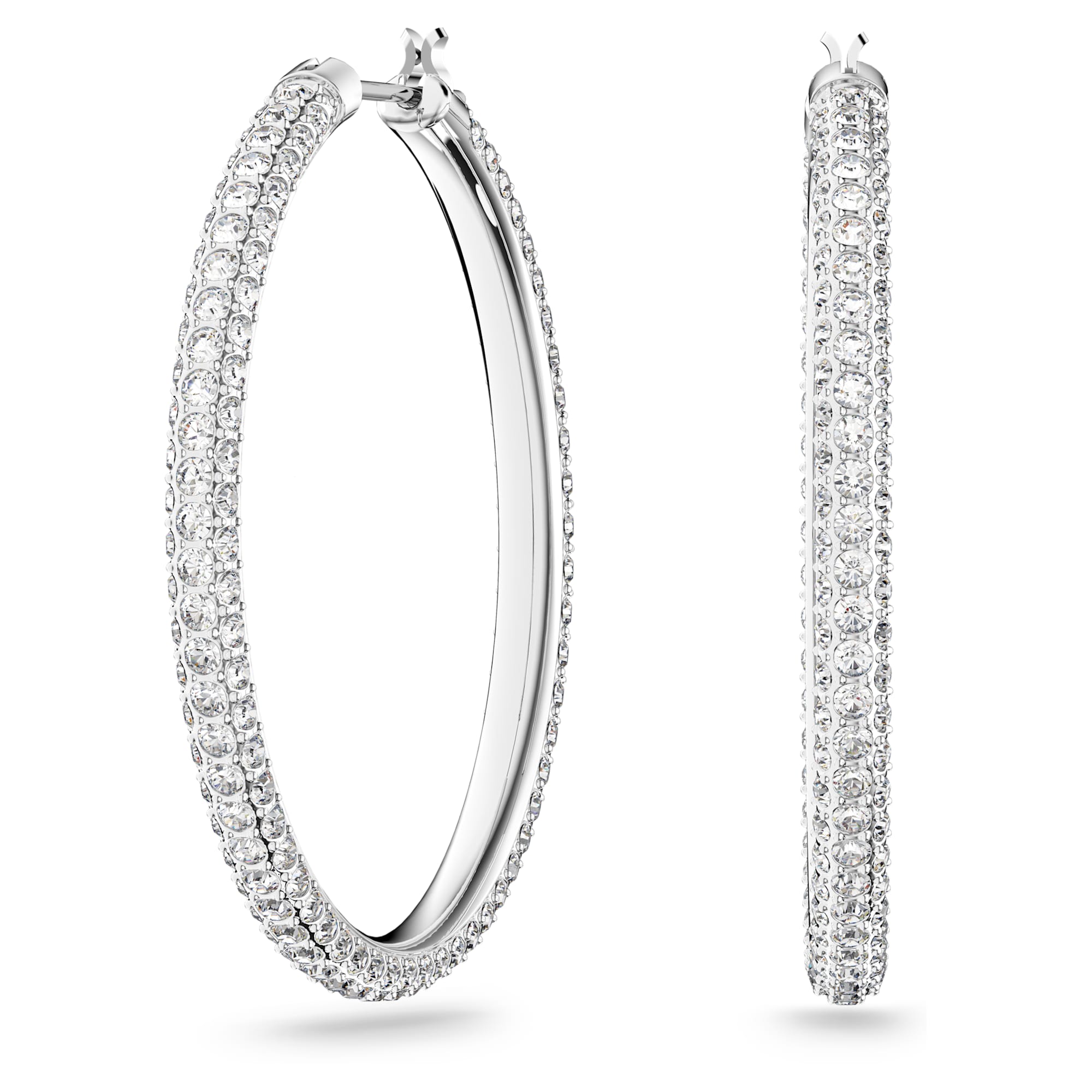 Swarovski Stone Hoop Earrings, Pavé, Large, White, Rhodium Plated