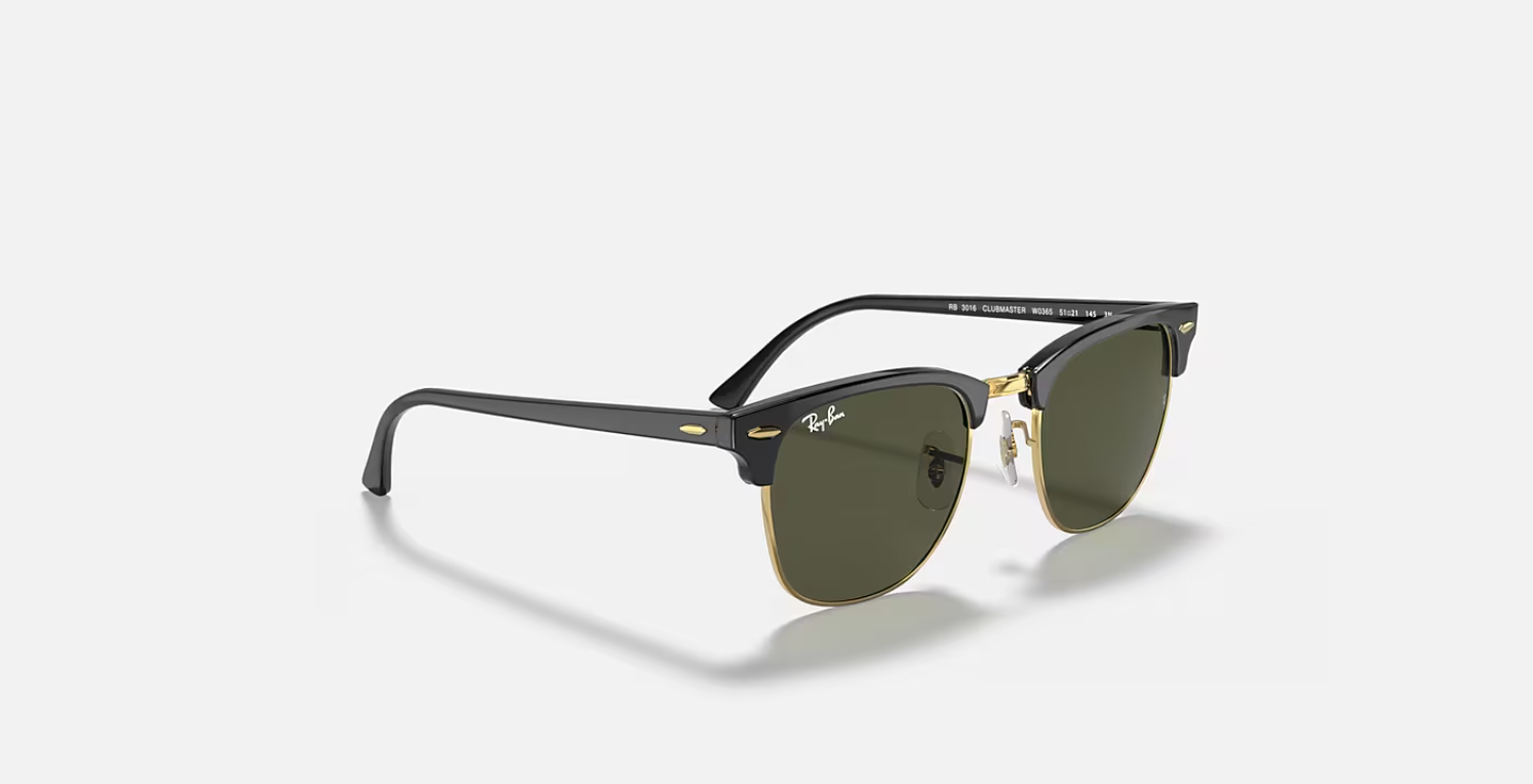 Ray-Ban RB3016 CLUBMASTER W0365 49◻︎19 Ray-Ban Clubmaster Black/Gold / G-15 Green 55 mm Sunglasses RB3016