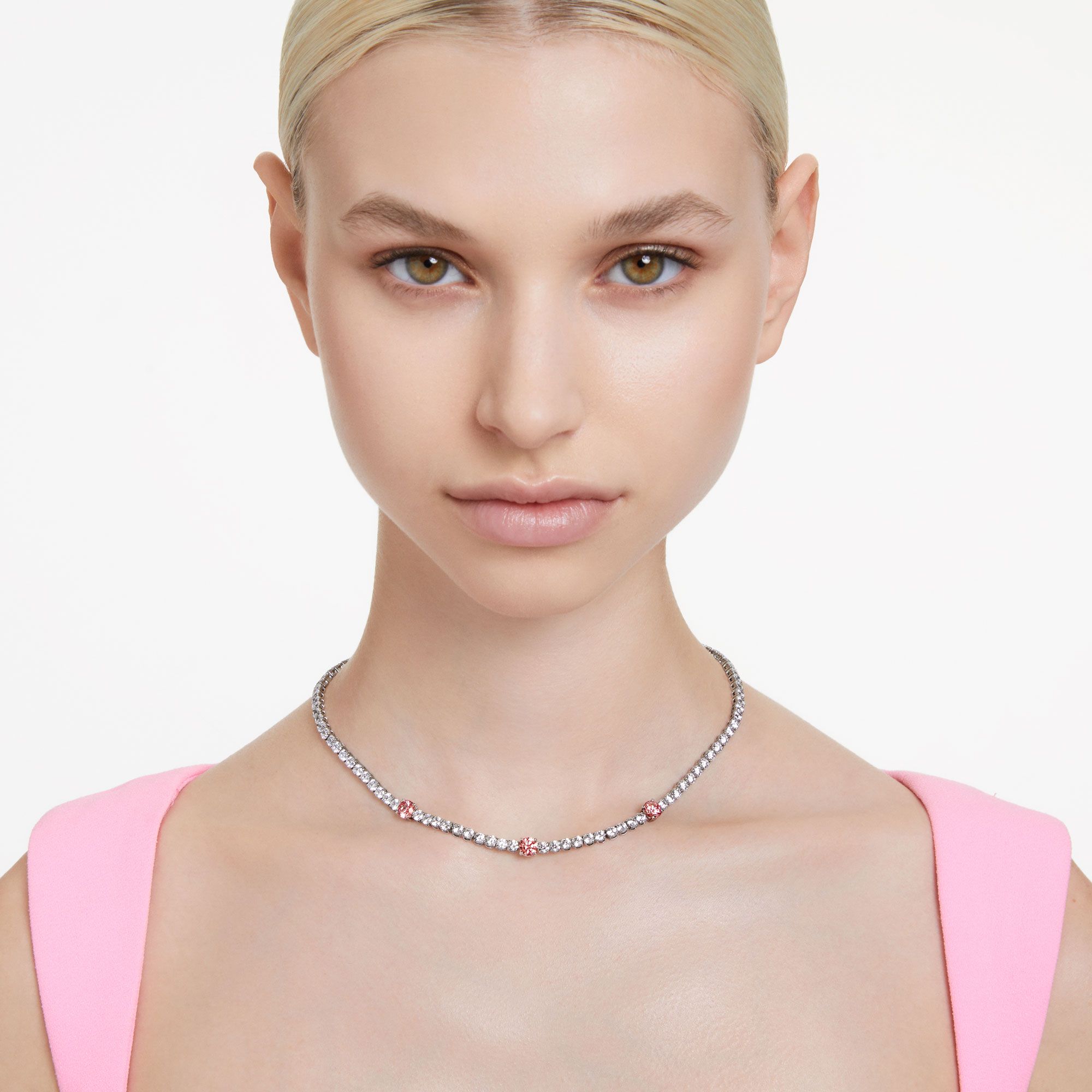 Swarovski Matrix Tennis Necklace, Mixed Cuts, Pink, Rhodium Plated